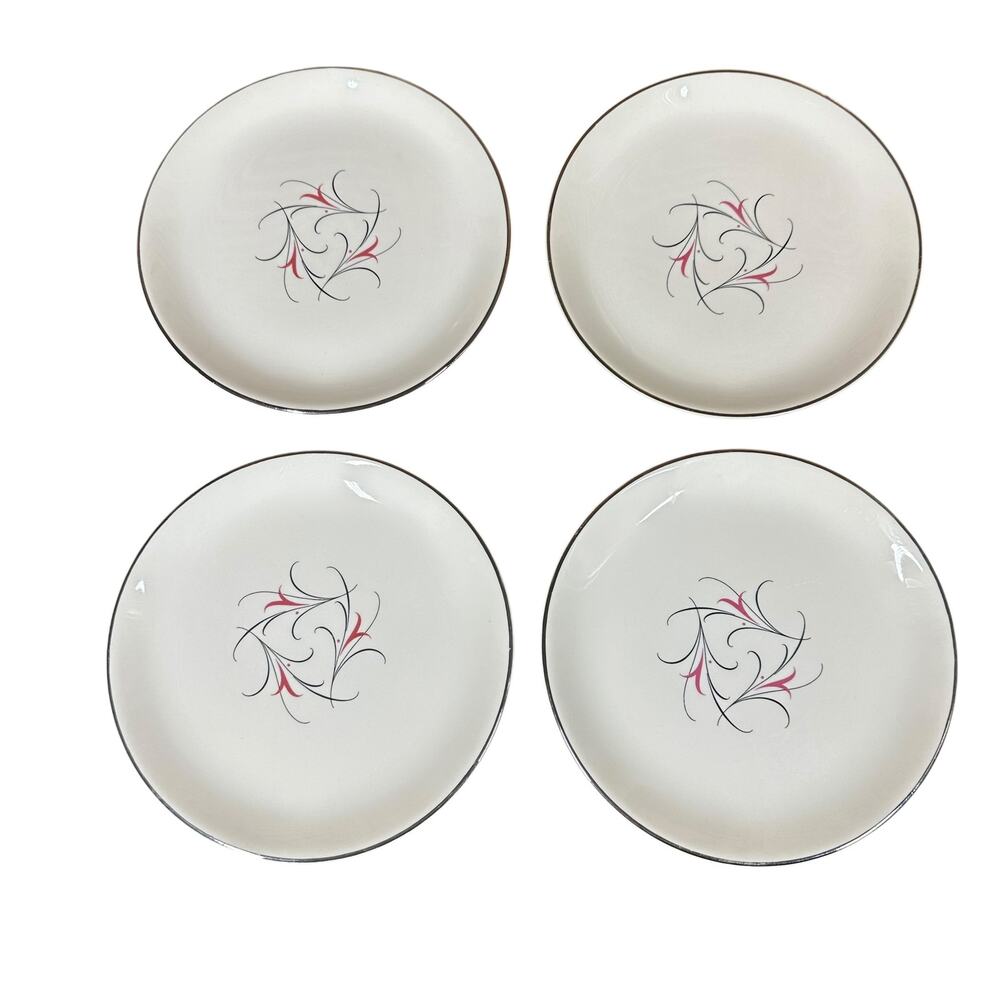 Vtg MCM 50s Salem China Serenade 7.5" Salad Plates Pink Black Floral Set of 4